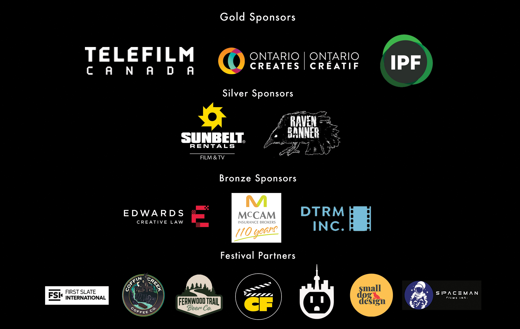 Festival sponsor logos including Telefilm Canada, Ontario Creates, and more