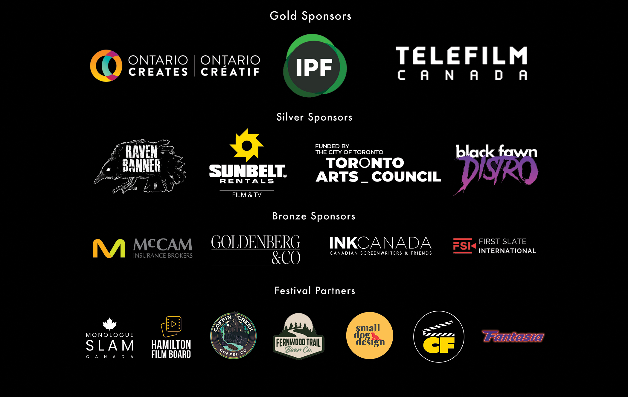 Festival sponsor logos including Telefilm Canada, Ontario Creates, and more
